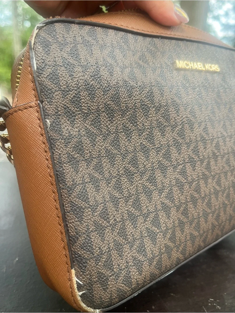 Michael Kors Jet Set Large Printed Signature Logo Crossbody Bag Brown